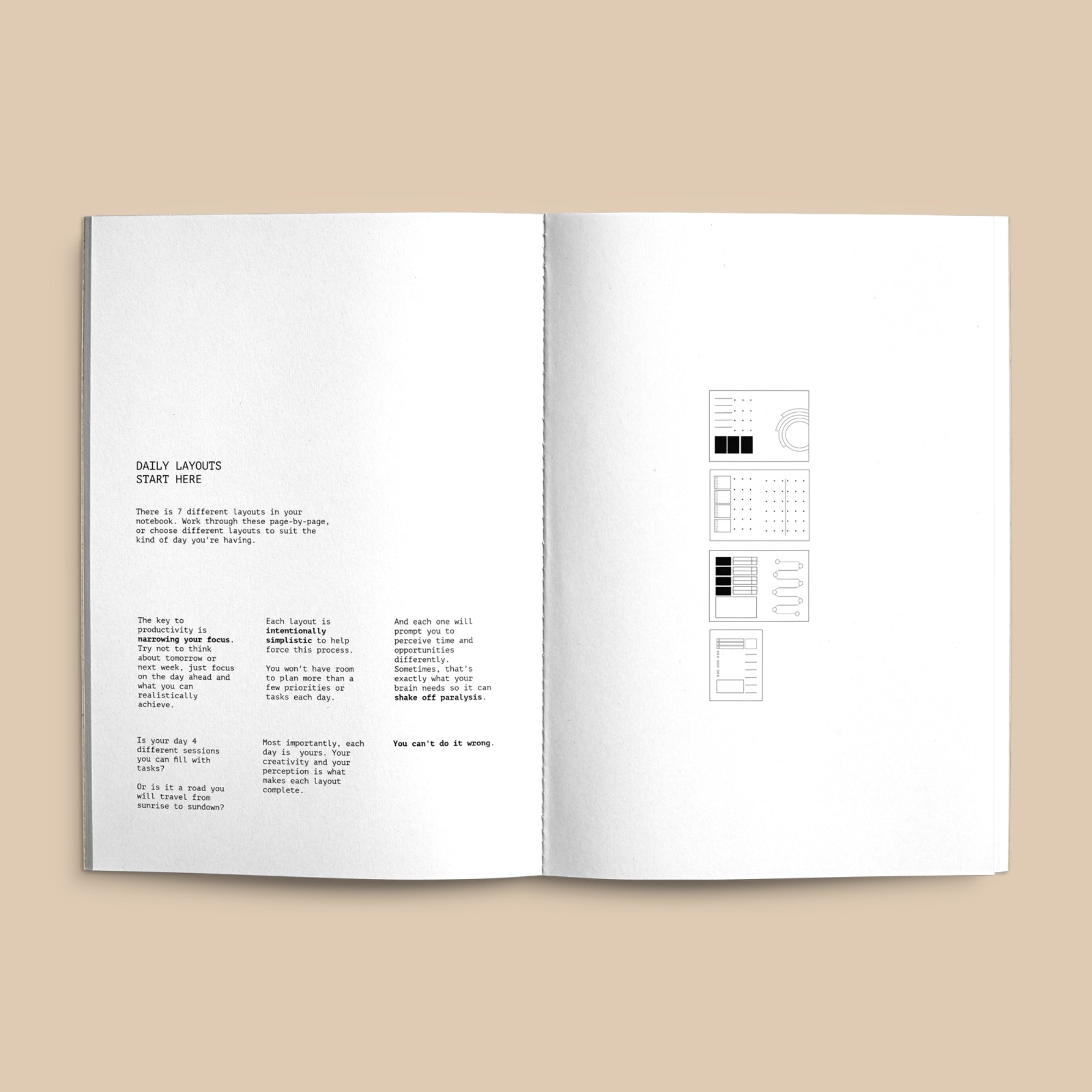 An open Creator's Friend notebook, displaying organizational layouts and productivity tips.