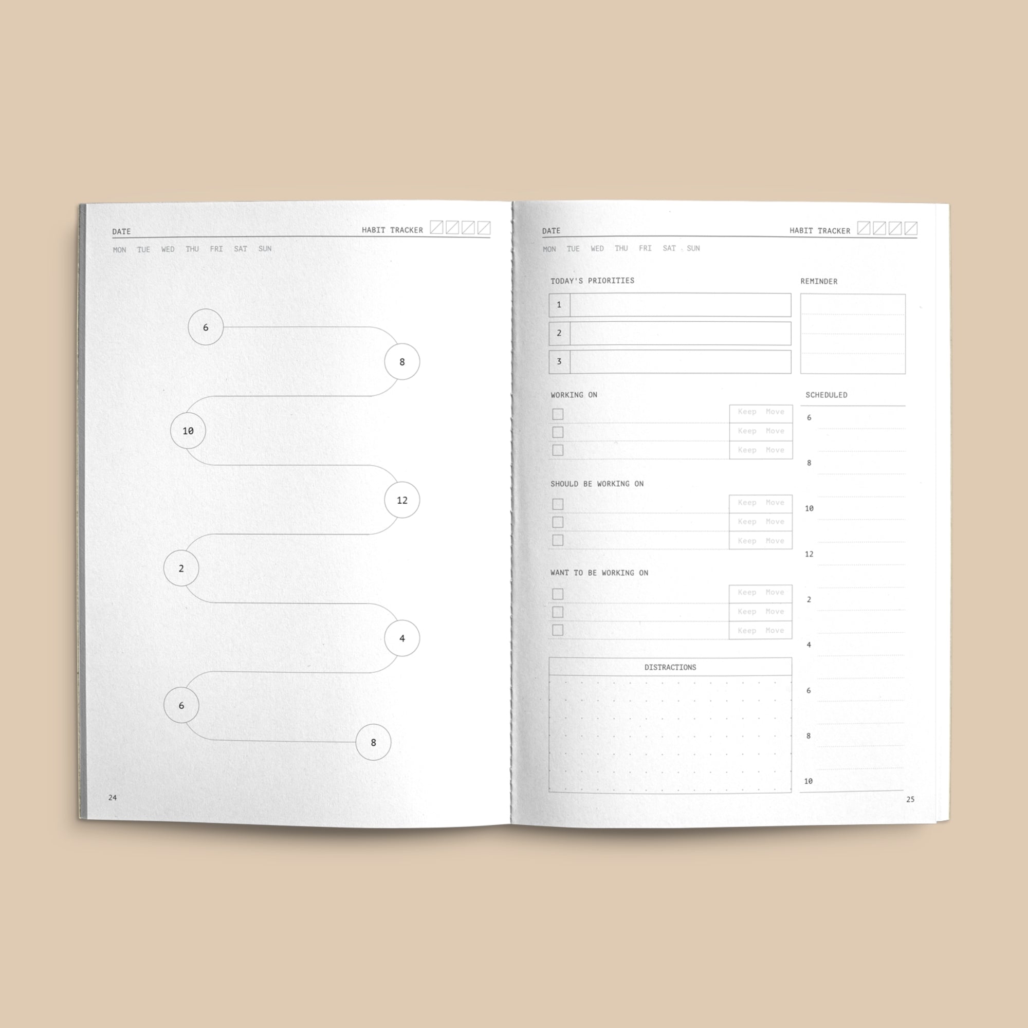 An open Creator's Friend notebook, displaying organizational layouts and productivity tips. 