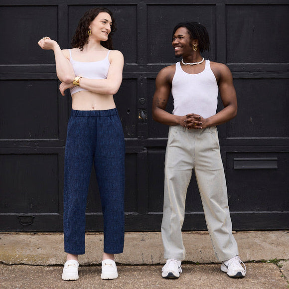 ARWNYDESIGNS panel pant in cream stripe and denim