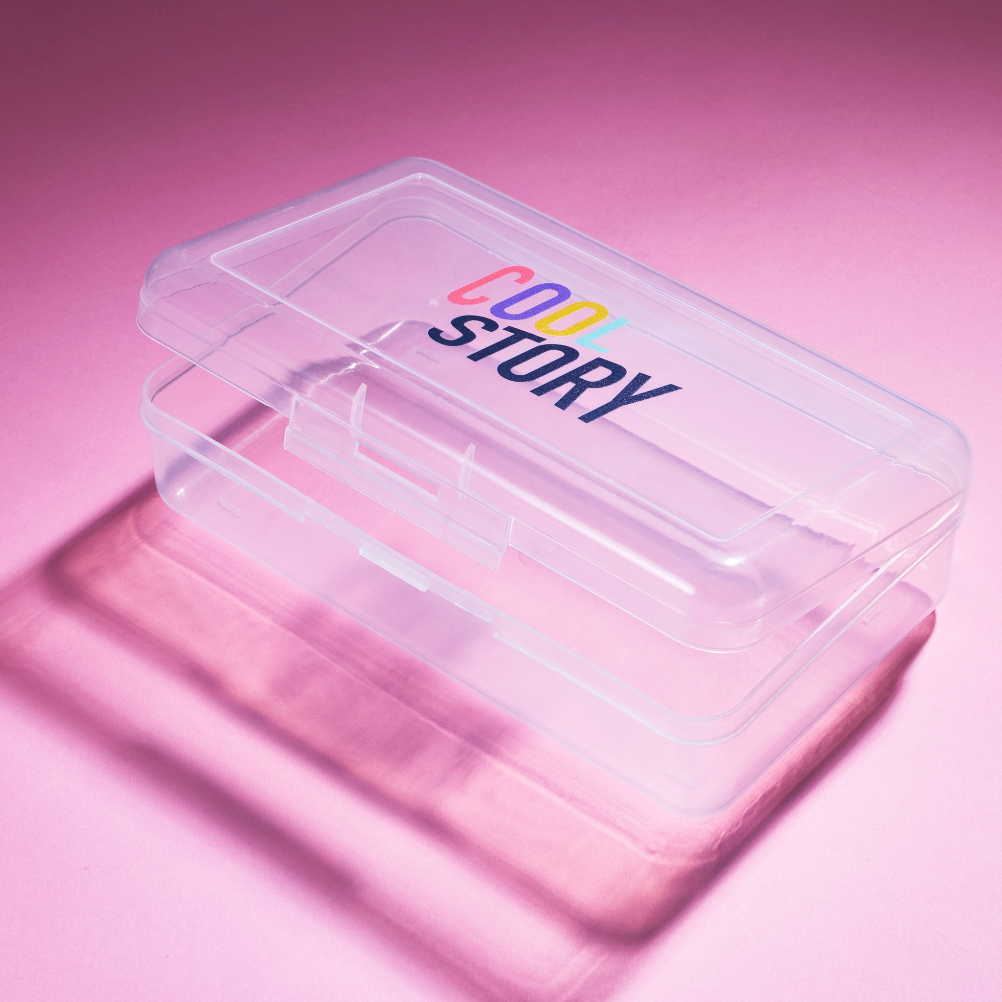 Cool Story's clear pencil case, featuring the Cool Story logo on the top.