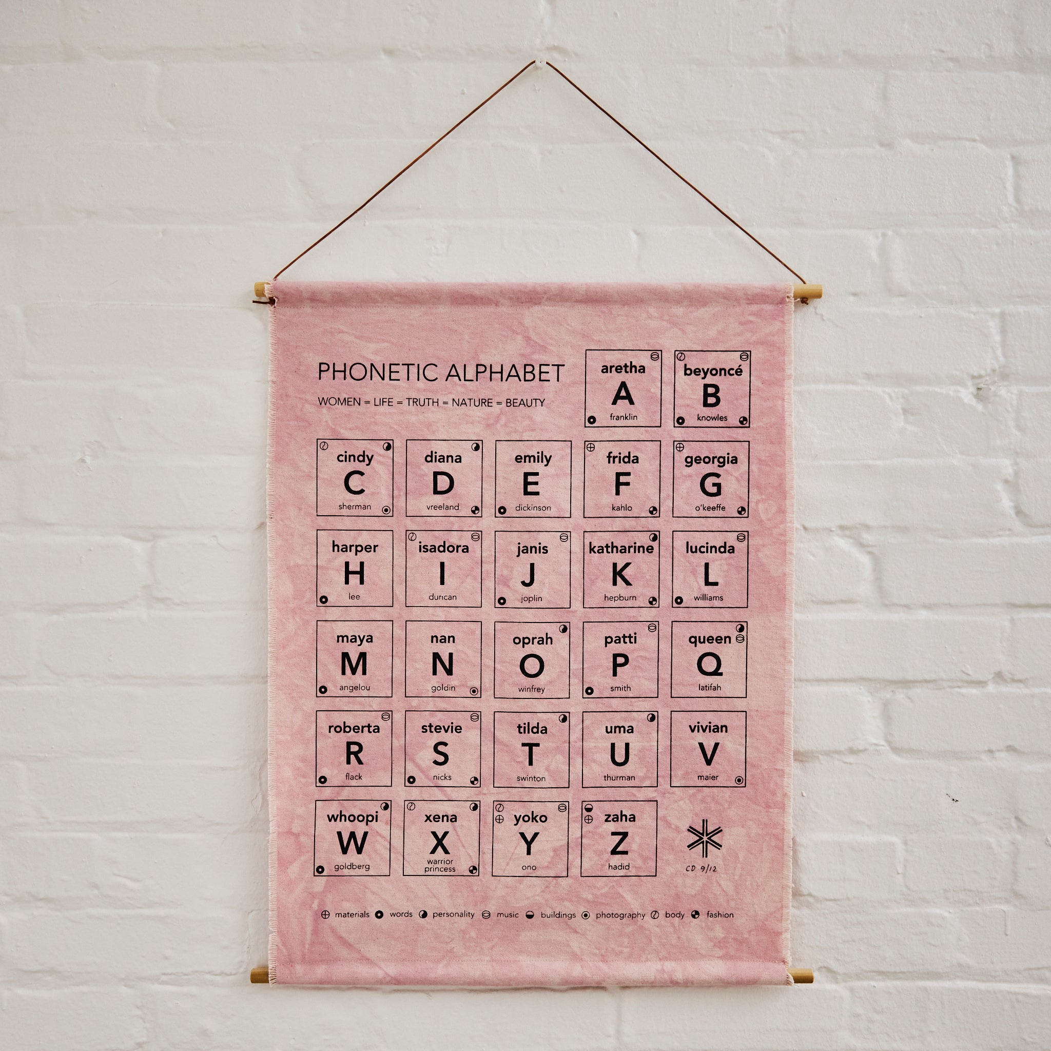 Goldy Way's limited-edition alphabet of famous women wall hanging, displayed on a white-painted brick wall.