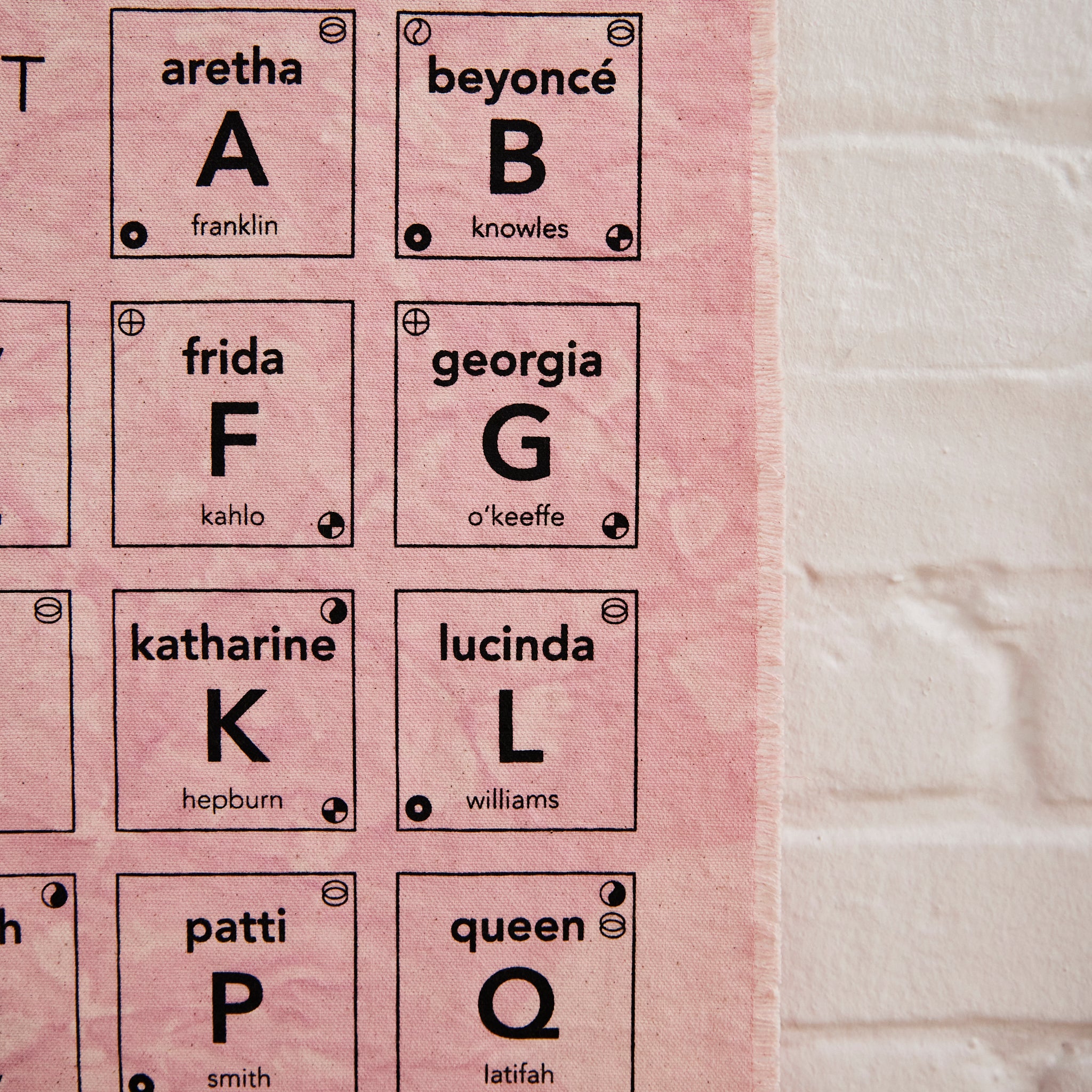 A closeup on Goldy Way's limited-edition alphabet of famous women wall hanging, showing off several letters, including that A is for Aretha Franklin, B is for Beyoncé, F is for Frida Kahlo, G is for Georgia O'Keeffe, K is for Katherine Hepburn, L is for Lucinda Williams, P is for Patti Smith, and Q is for Queen Latifah.