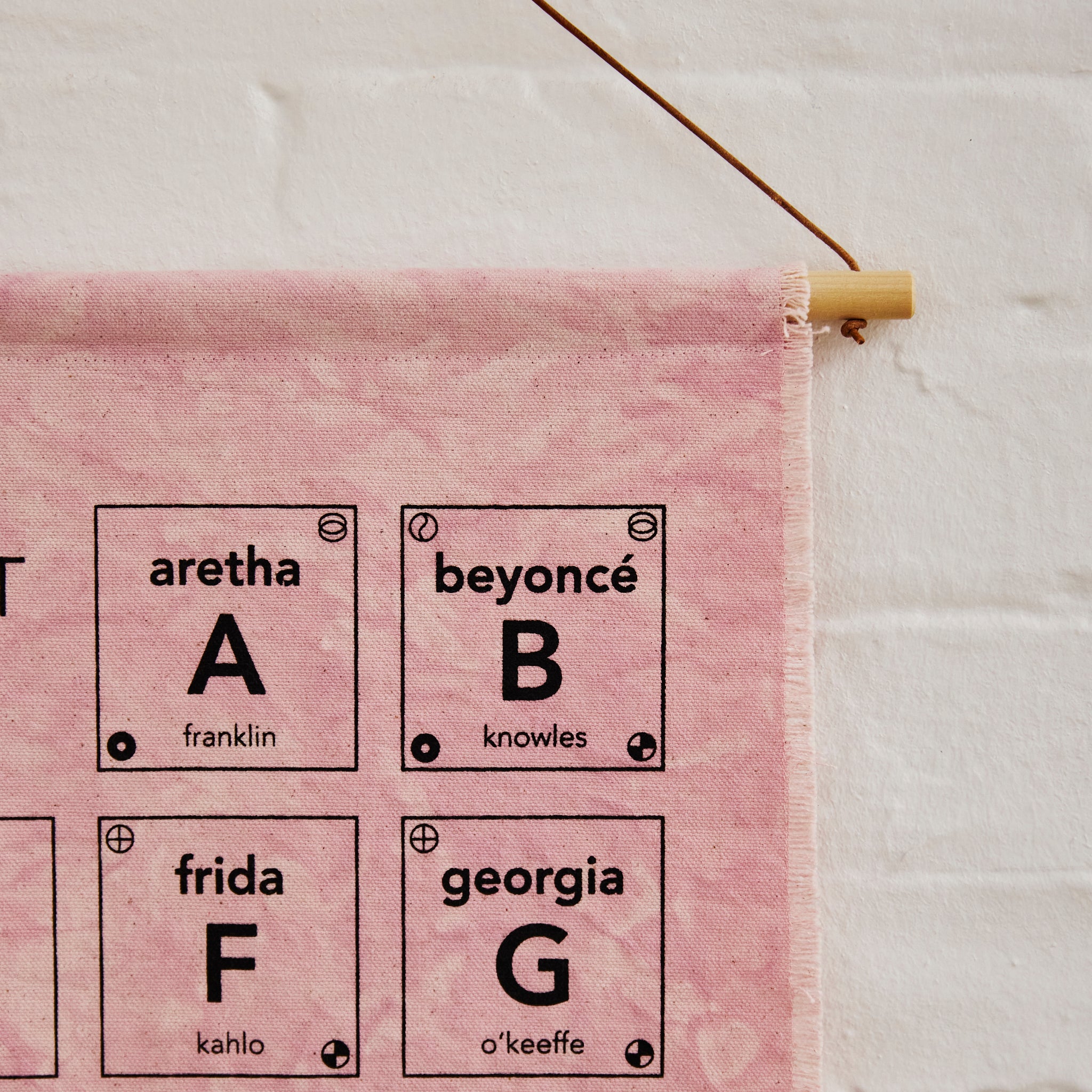 A closeup on Goldy Way's limited-edition alphabet of famous women wall hanging, showing off that B is for Beyoncé Knowles (because of course it is).