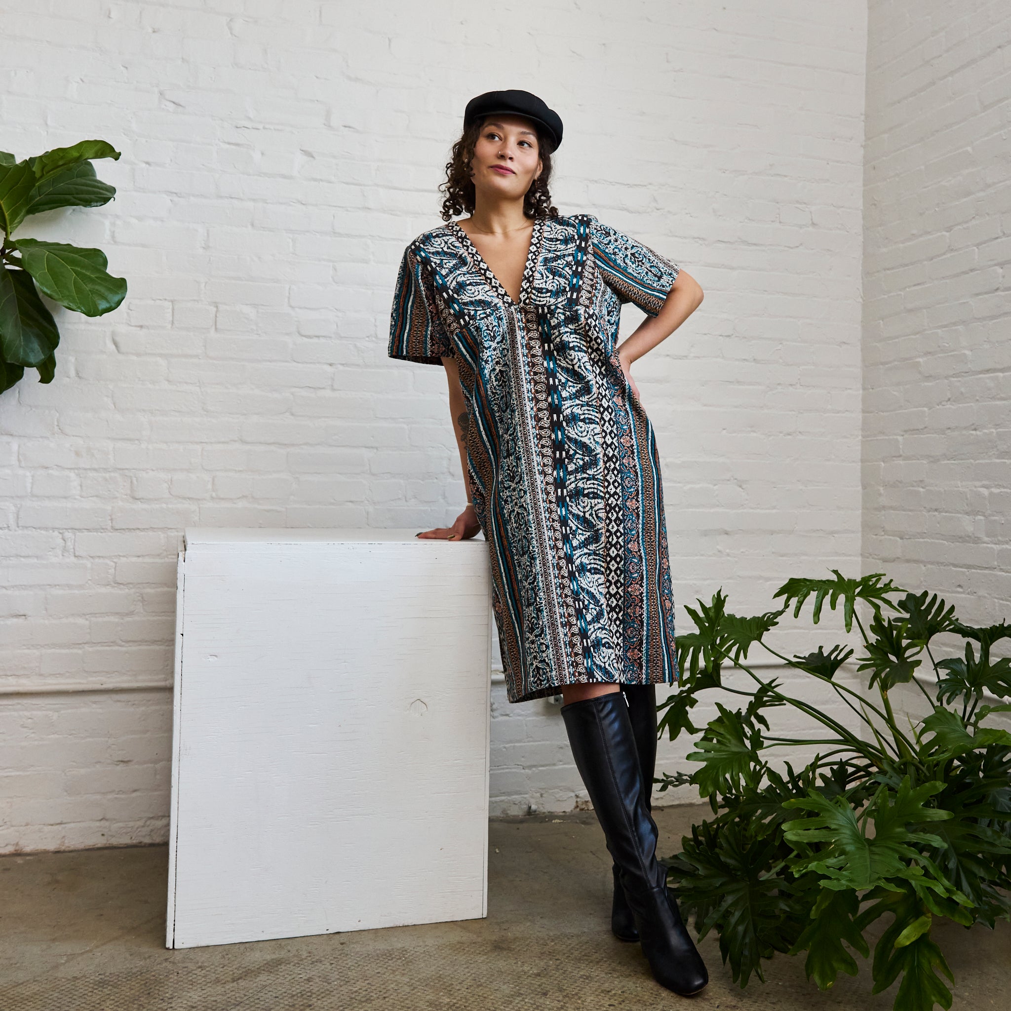 the pattern version of ARW's deep V block dress, being worn on a model.