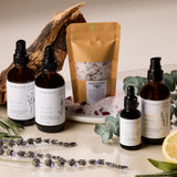 Collection of natural skincare products by Apricus Haus including Moon Mist, Space Spray, Every Body Oil and Botanical Bath Salts