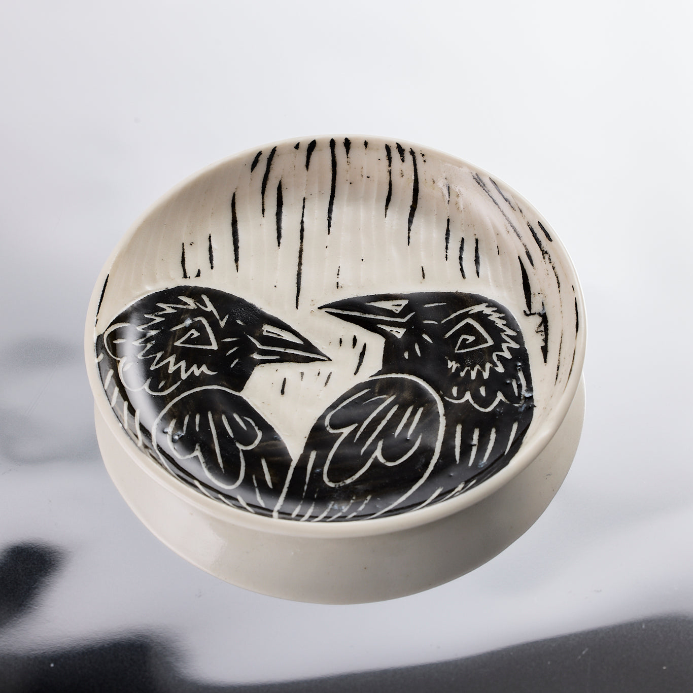 handmade porcelain dish with raven design