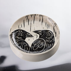 handmade porcelain dish with raven design