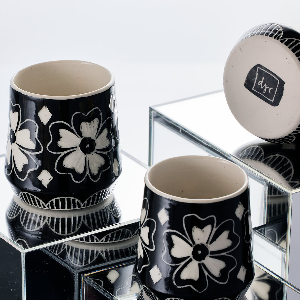 handmade porcelain black and white flower cup djr ceramics buffalo ny