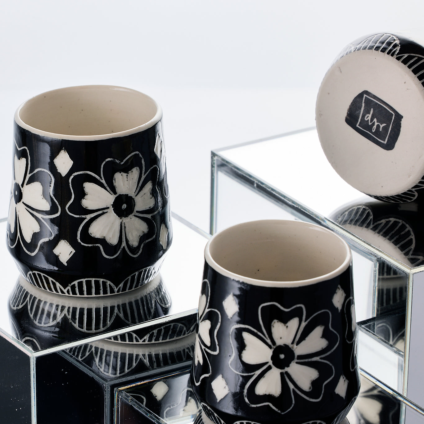 handmade porcelain black and white flower cup djr ceramics buffalo ny