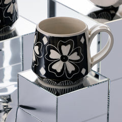 handmade porcelain black and white flower mug djr ceramics buffalo ny