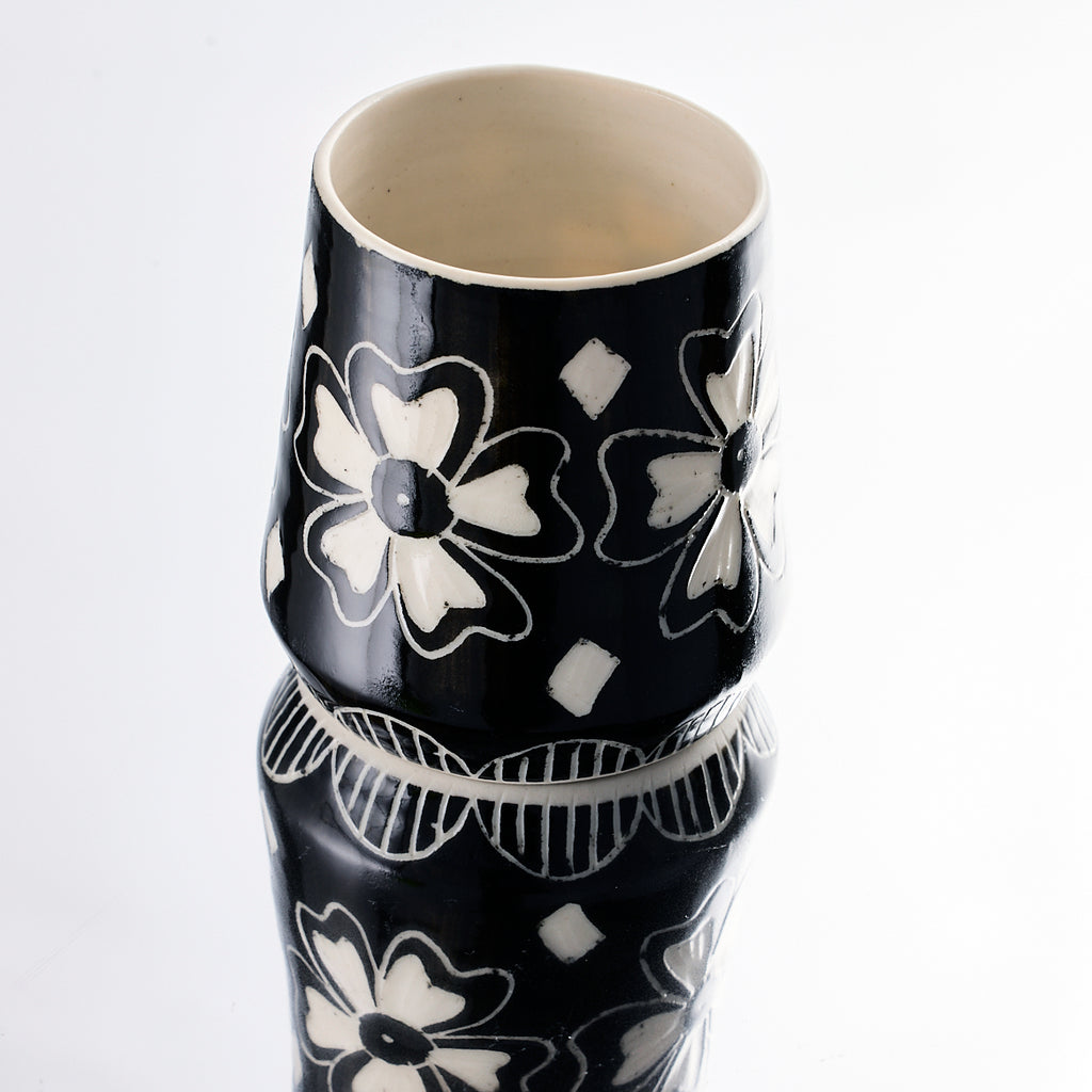 handmade porcelain black and white flower cup djr ceramics buffalo ny