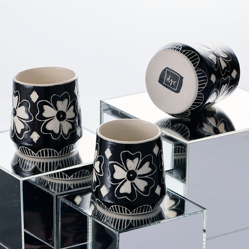 handmade porcelain black and white flower cup djr ceramics buffalo ny