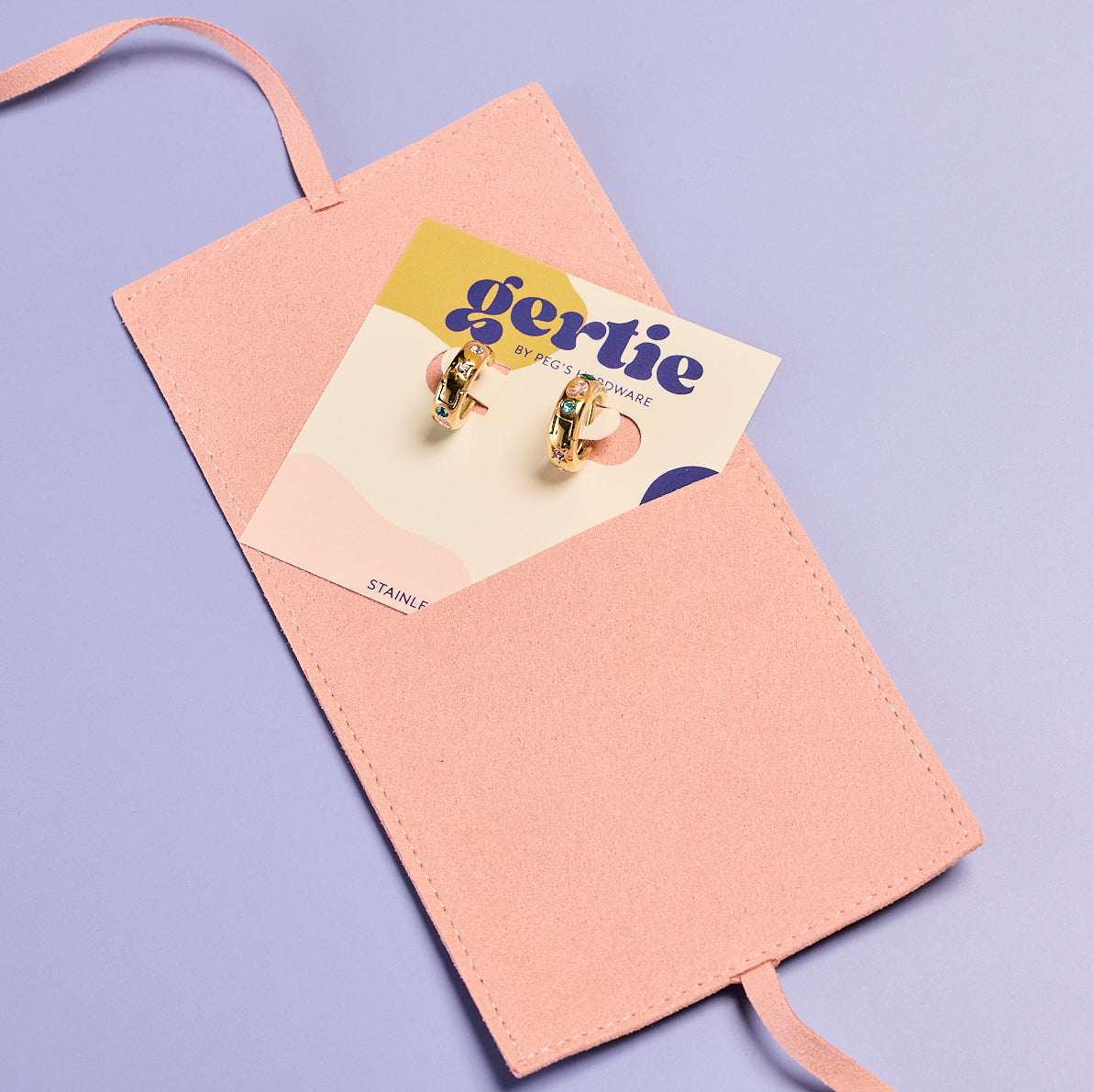 gem huggies in pink pouch Peg's Hardware