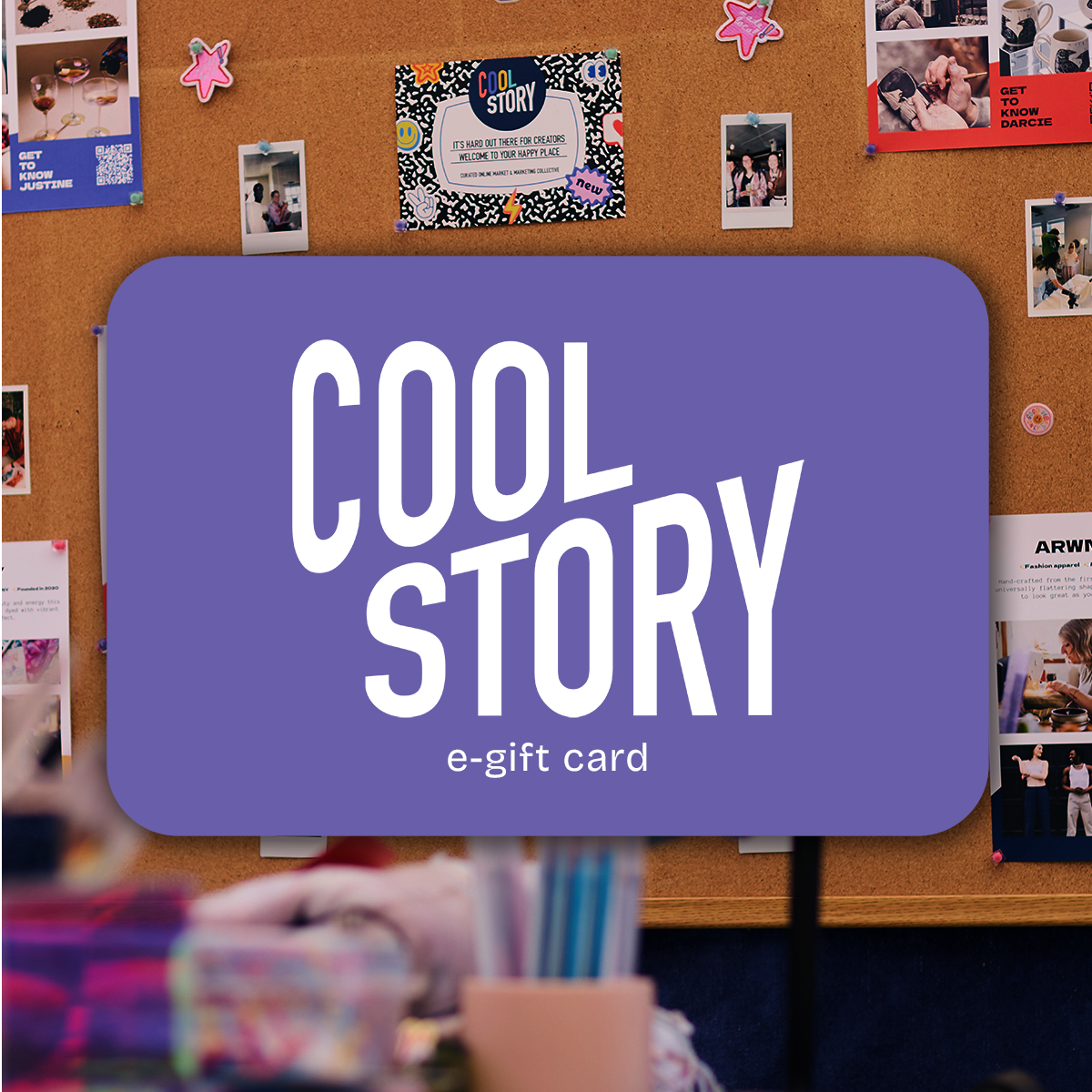 A closeup of the Cool Story gift card